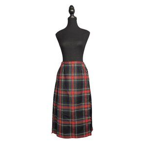 Vintage Wool Skirt Size 8 - Plaid Tartan Pleated Midi Skirt - Red Black Wool